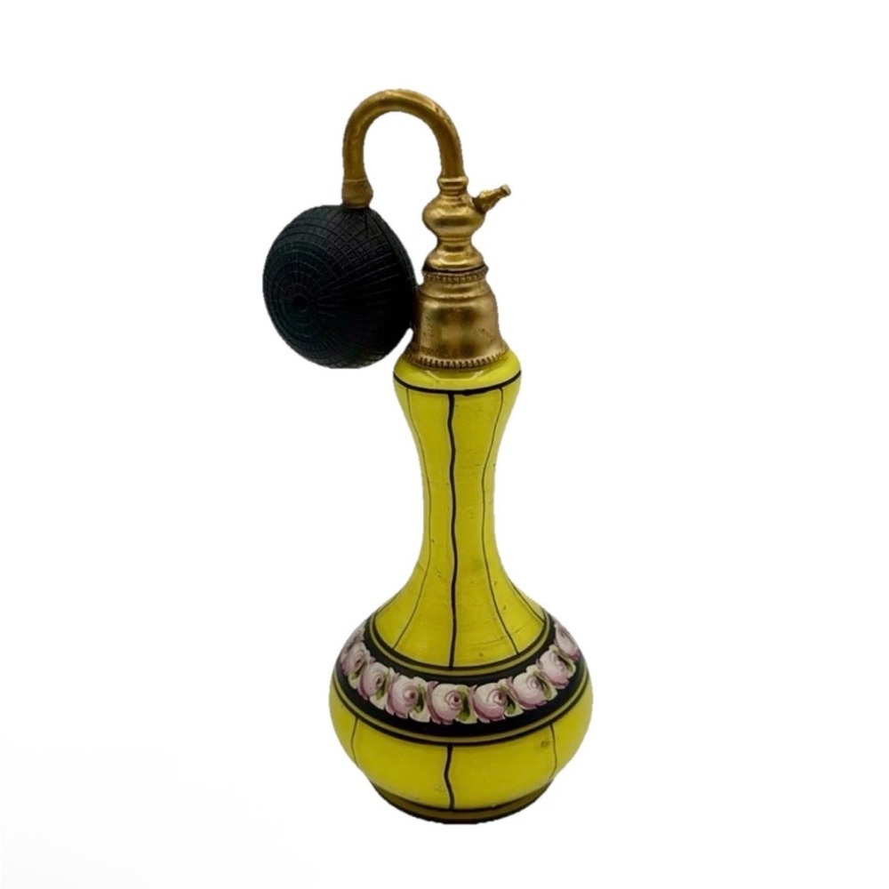 Vintage Czech Art Deco Perfume Bottle Cased Glass Lemon Yellow Painted Flowers